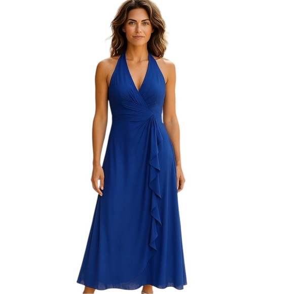 David’s Bridal Deep Blue Gown Size 8 Soft Crinkle Chiffon Halter Draped Cascade - Picture 13 of 13